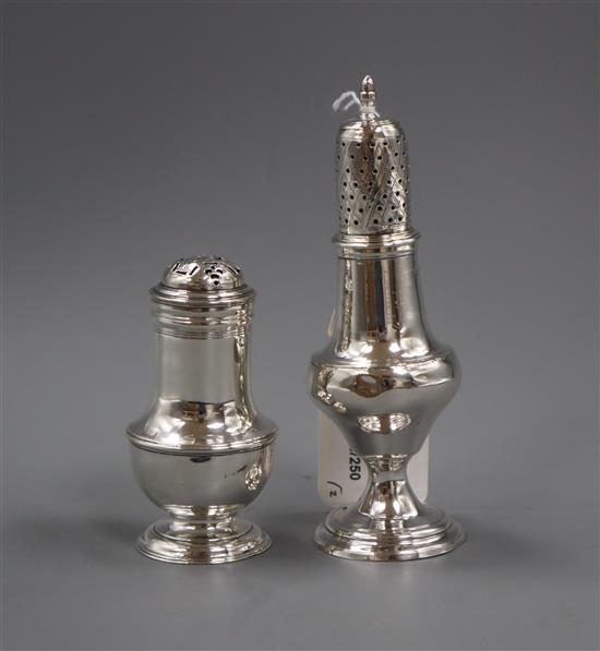 A George III silver baluster caster and a George II silver bun pepper, Samuel Wood, London, 1737, largest 15cm.